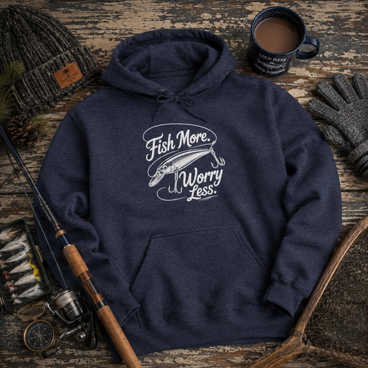 Fishing Hoodie - "Fish More Worry Less" Graphic Pullover