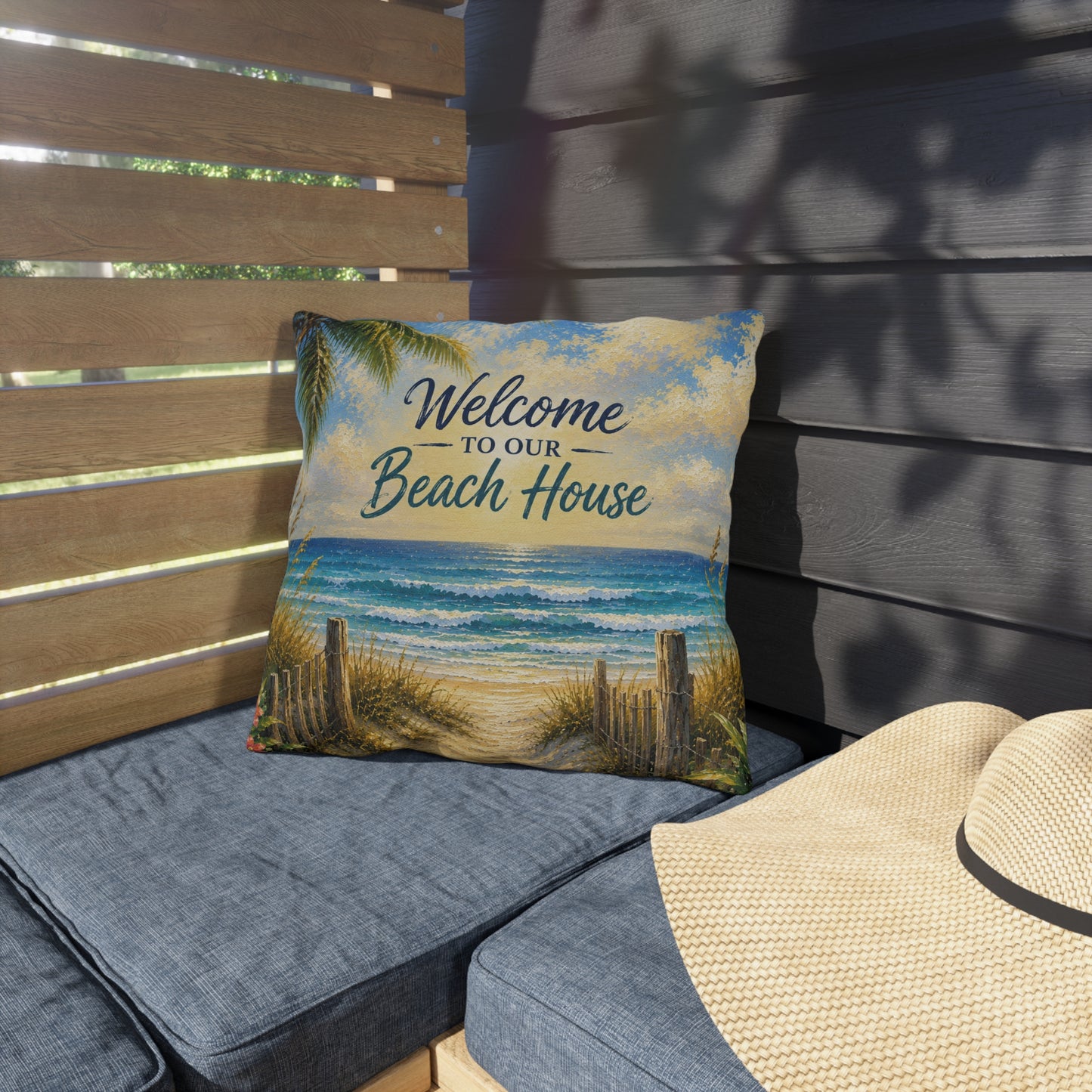 Welcome to Our Beach House Outdoor Pillow — Coastal Decorative Accent for Patio, Porch & Beach Home