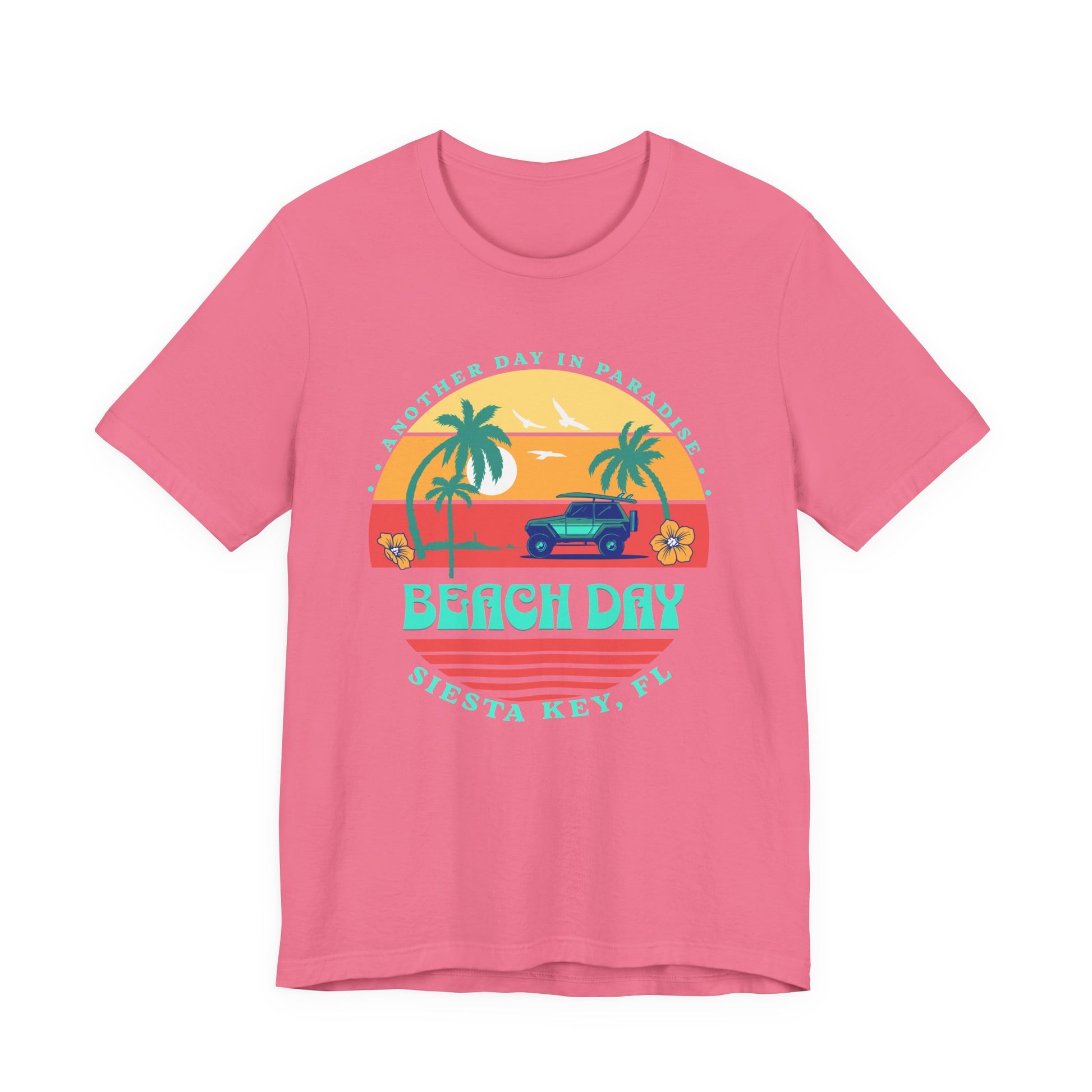 Pink t-shirt with a 'Beach Day' graphic on a white background - Caribbean Rays