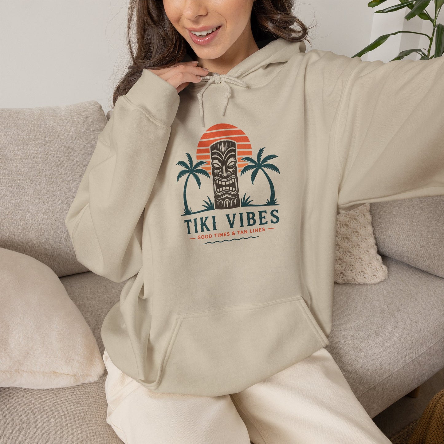 Tiki Vibes Hoodie — Retro Sunset Palm Tree Sweatshirt