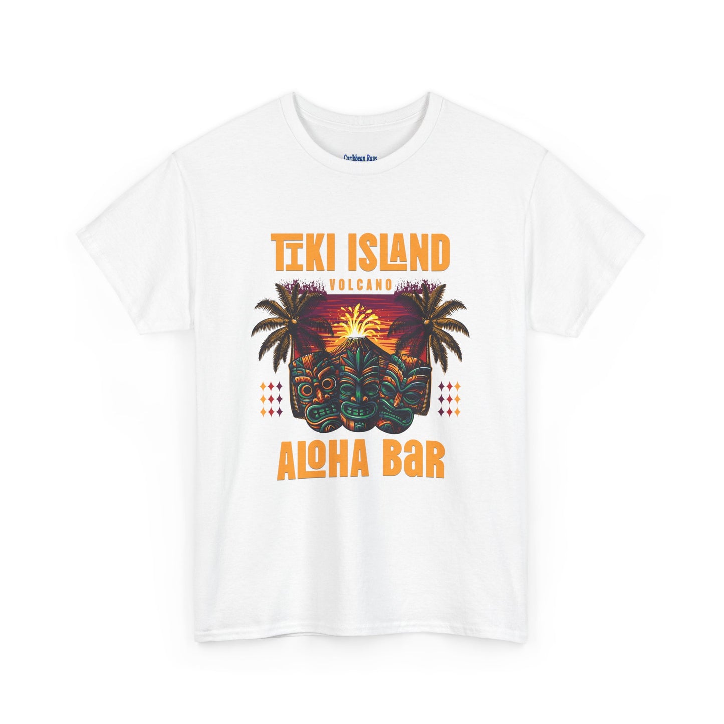 White t-shirt with Tiki Island Aloha Bar graphic design on a white background  at Caribbean Rays