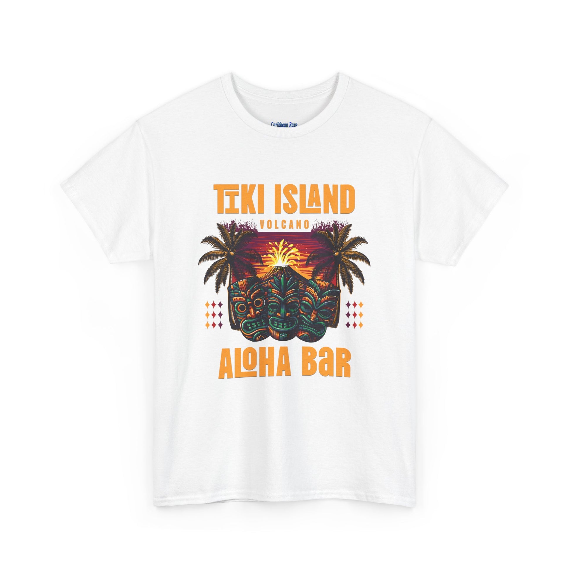 White t-shirt with Tiki Island Aloha Bar graphic design on a white background  at Caribbean Rays