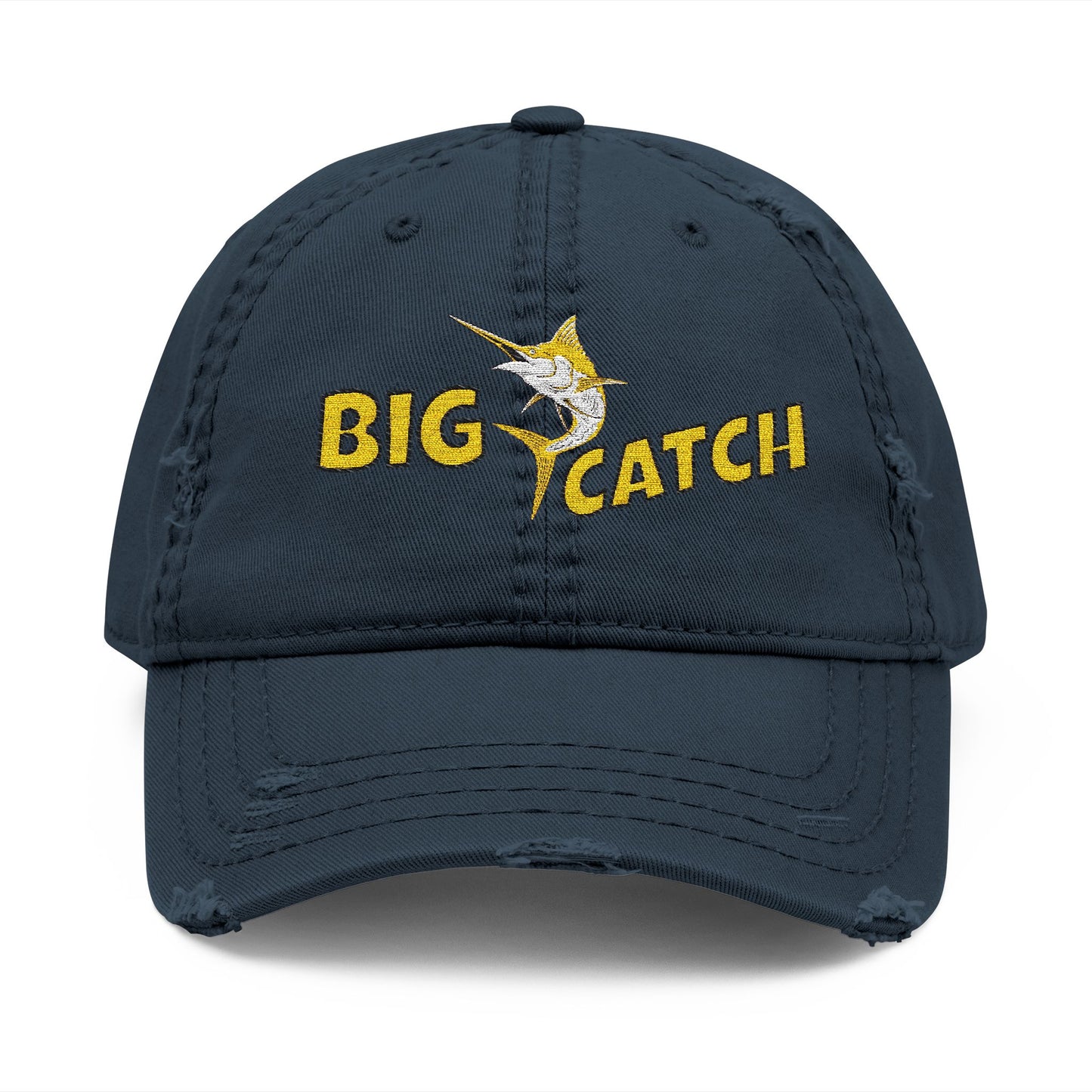 Navy blue cap with 'BIG CATCH' text and fish graphic on a white background