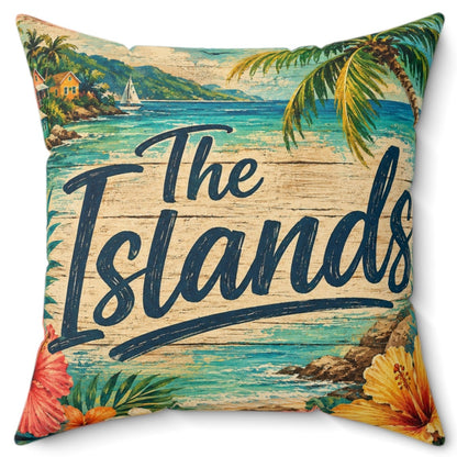 A square decorative throw pillow featuring a vintage-style tropical beach illustration with palm trees, turquoise water, and the words 'The Islands' in large script across the front, shown on a plain white background.