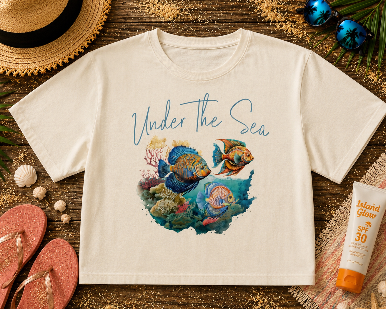 White t-shirt with 'Under the Sea' design featuring fish and coral, surrounded by beach accessories on a wooden surface.