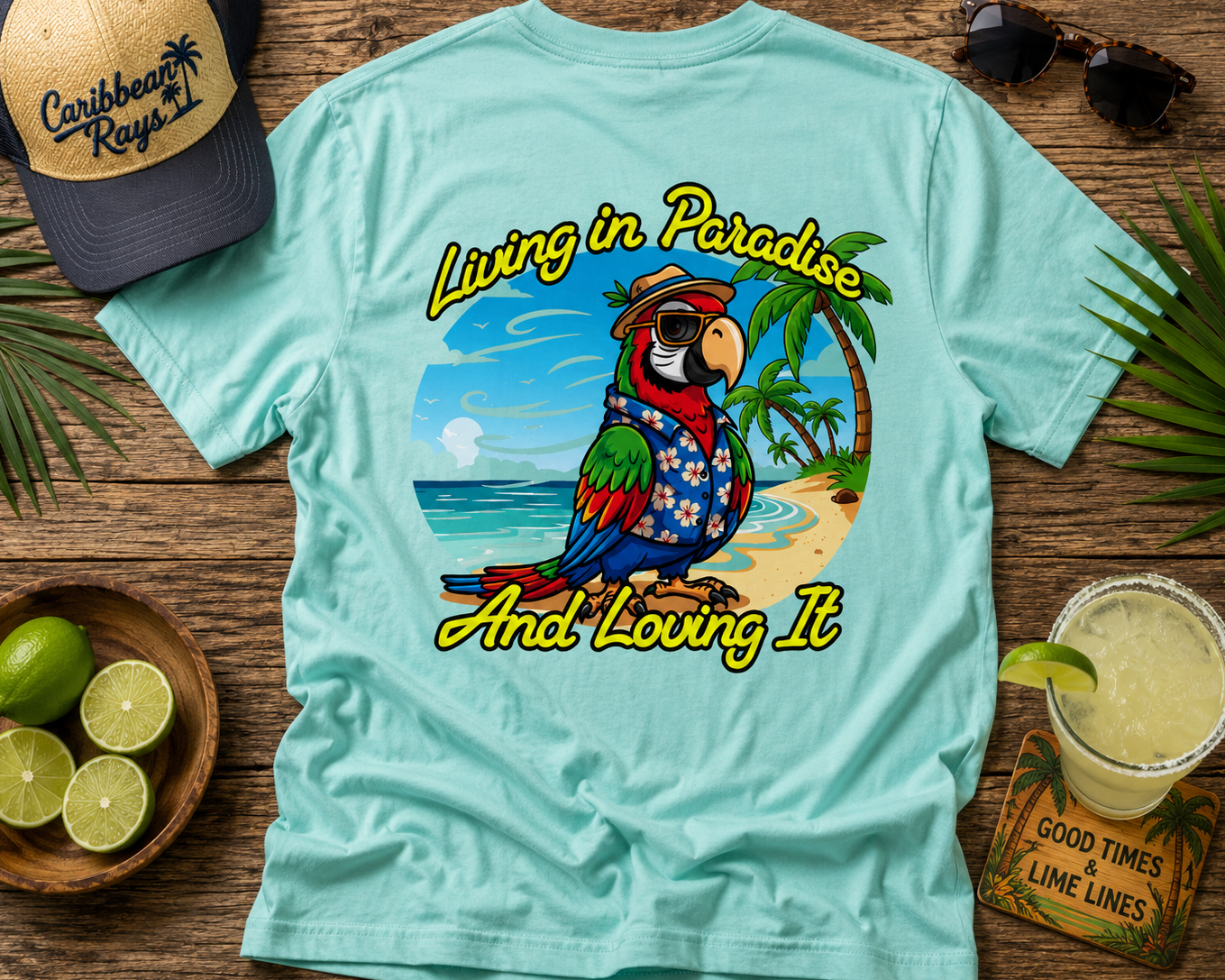 Light blue t-shirt with a parrot graphic and text 'Living in Paradise And Loving It' on a wooden surface with a cap, limes, and a drink.