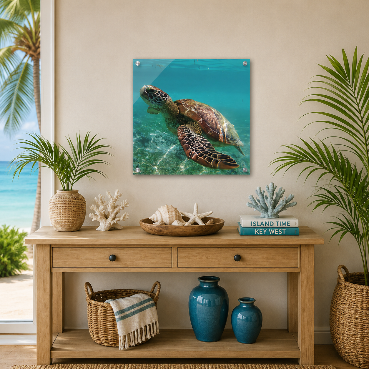 Decorative setup with a turtle painting on a wall above a wooden console table.