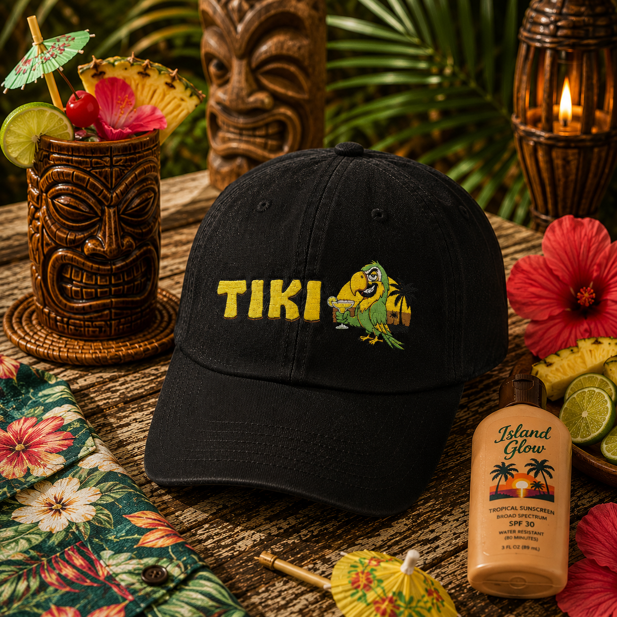 Tiki Embroidered Denim Hat — Tropical Surf Cap