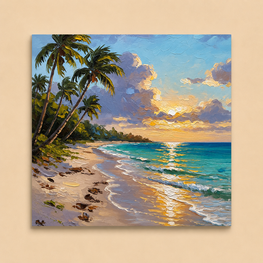 Painting of a tropical beach with palm trees and a sunset.