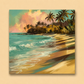 Painting of a tropical beach scene with palm trees and clear blue water.
