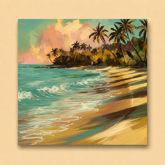 Painting of a tropical beach scene with palm trees and clear blue water.
