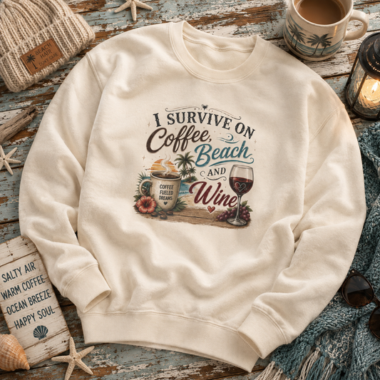 An off-white crewneck sweatshirt with a graphic print reading 'I SURVIVE ON Coffee, Beach AND Wine' surrounded by a tropical coffee and wine illustration. The sweatshirt is styled in a flat-lay arrangement on a rustic wooden table with a mug, candle, knit hat, and sunglasses.
