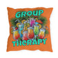 Pillow with colorful cocktails and 'Group Therapy' text on an orange background