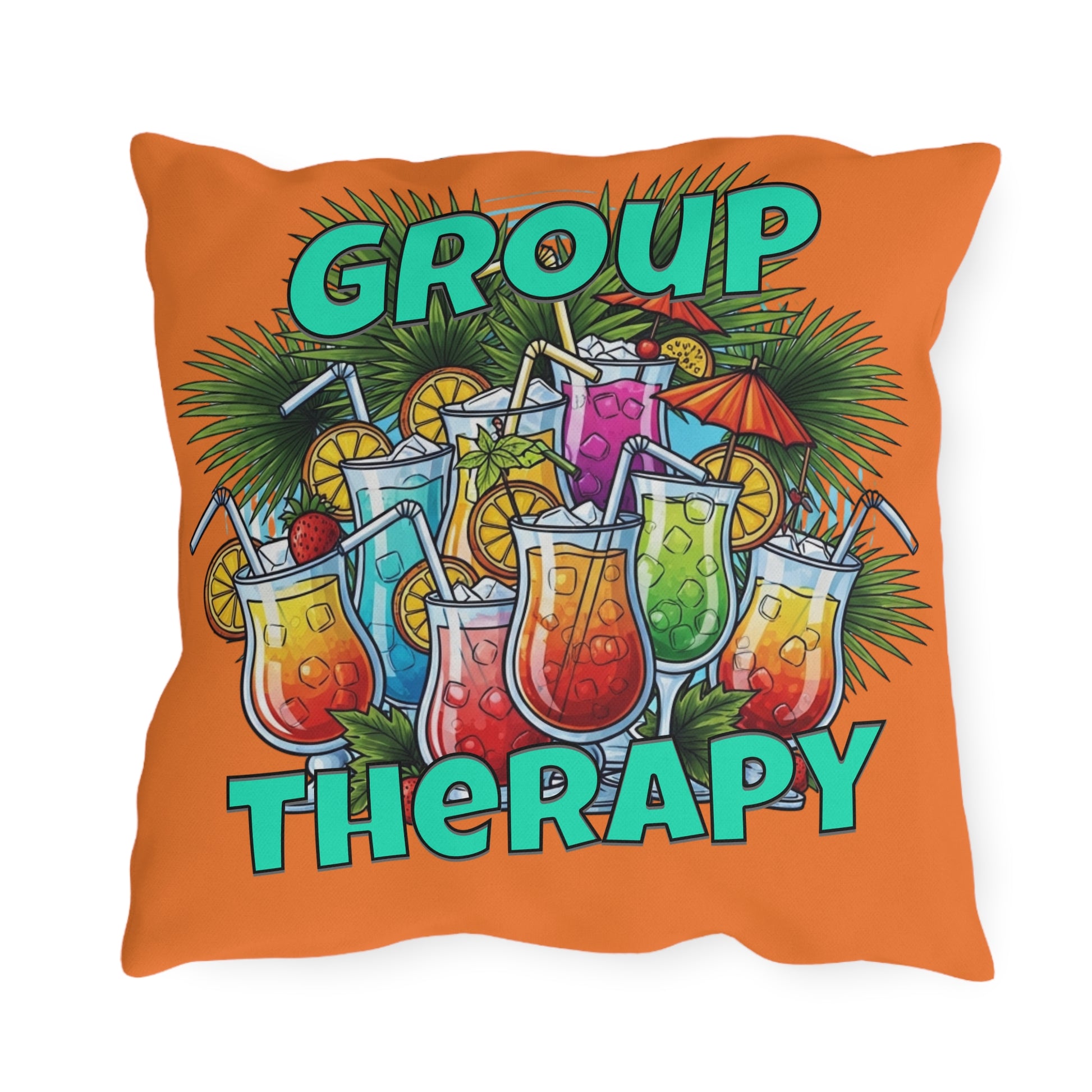 Pillow with colorful cocktails and 'Group Therapy' text on an orange background