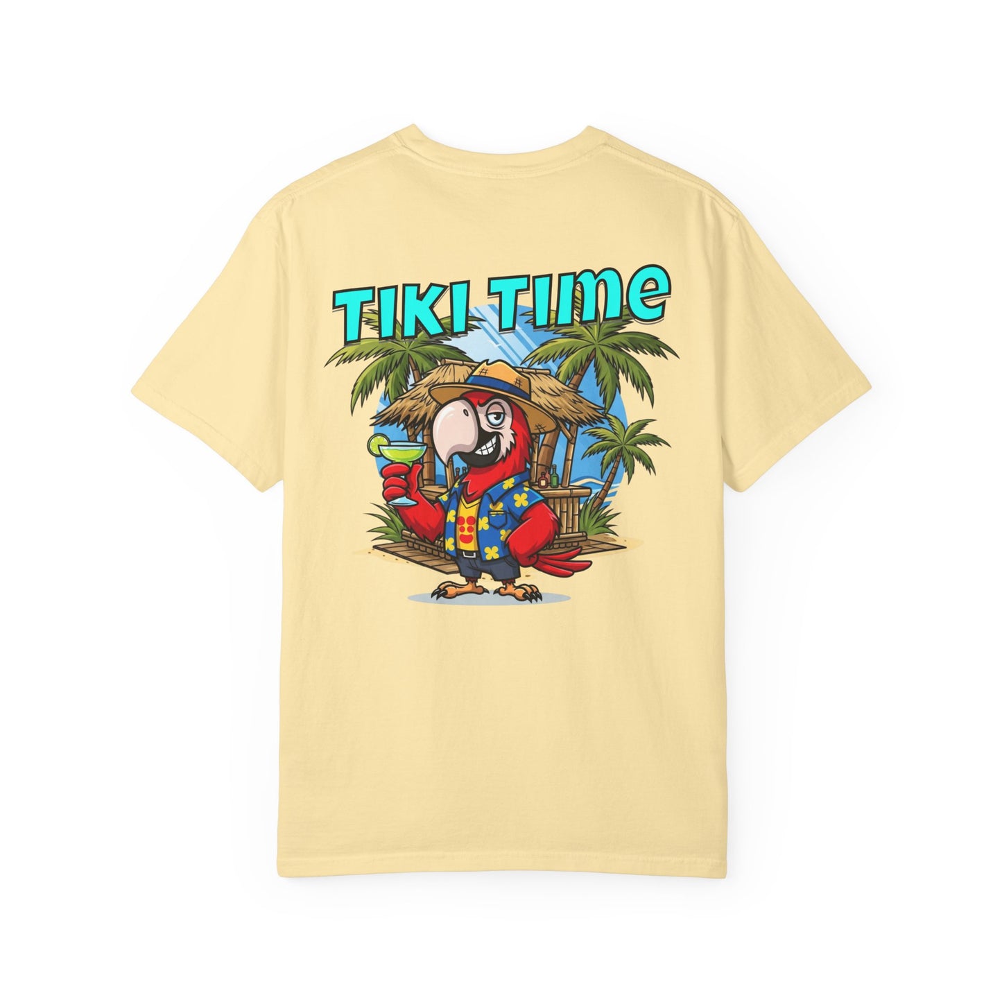 Beige t-shirt with a parrot graphic and 'Tiki Time' text on a white background