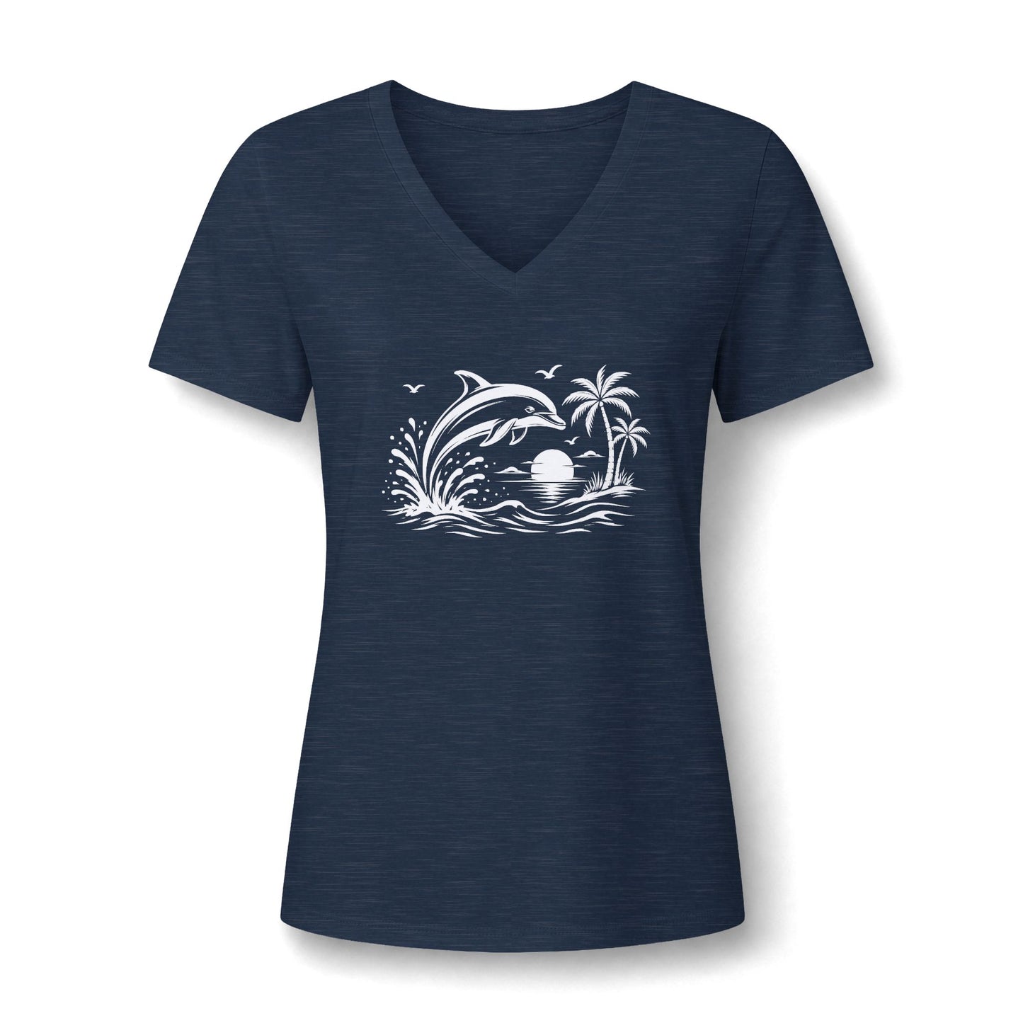 Dolphin Beach Sunset Graphic-Women’s V‑Neck Tee