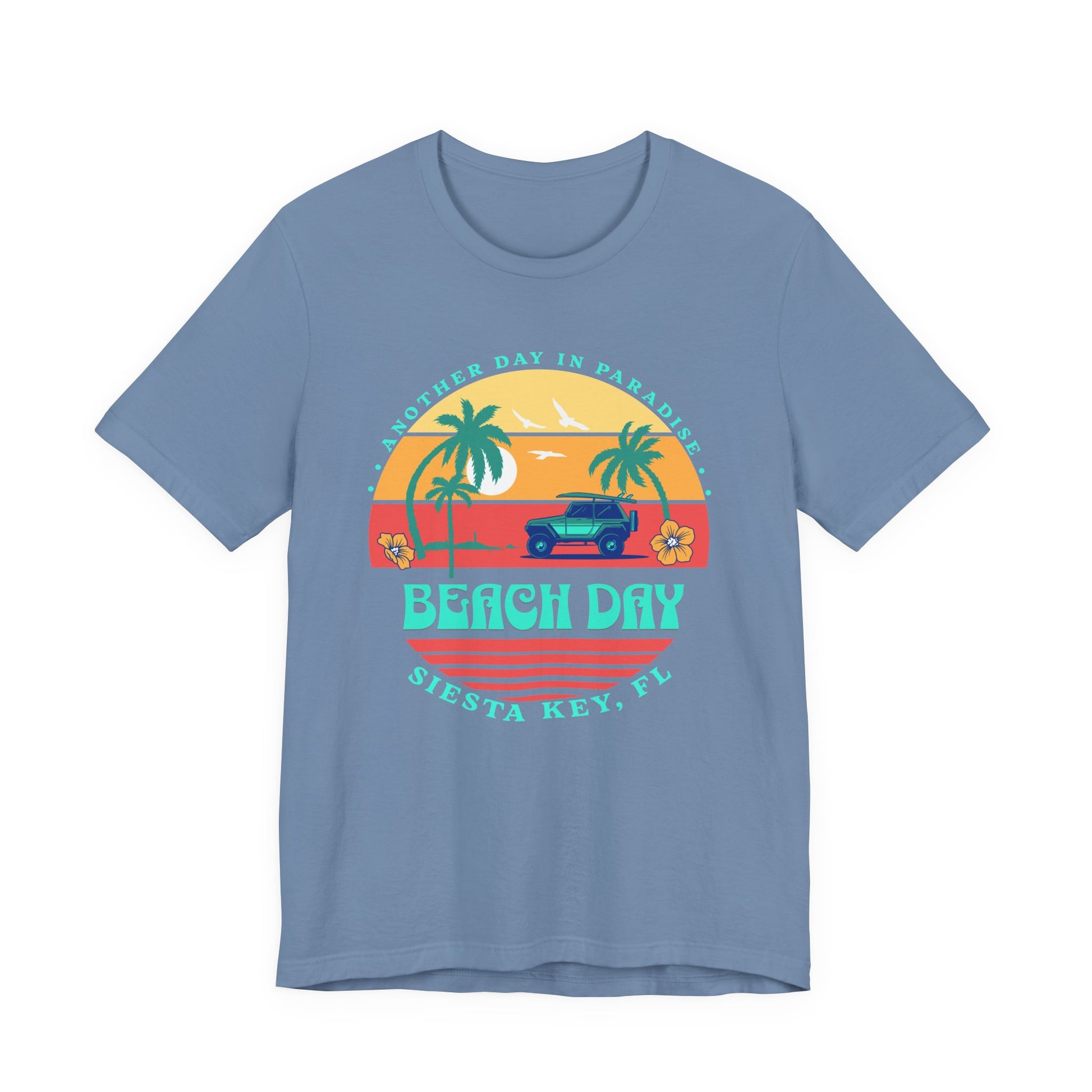 Blue t-shirt with a 'Beach Day' graphic design on a white background by Caribbean Rays