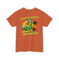 Orange t-shirt with a parrot graphic and text on the back, on a white background