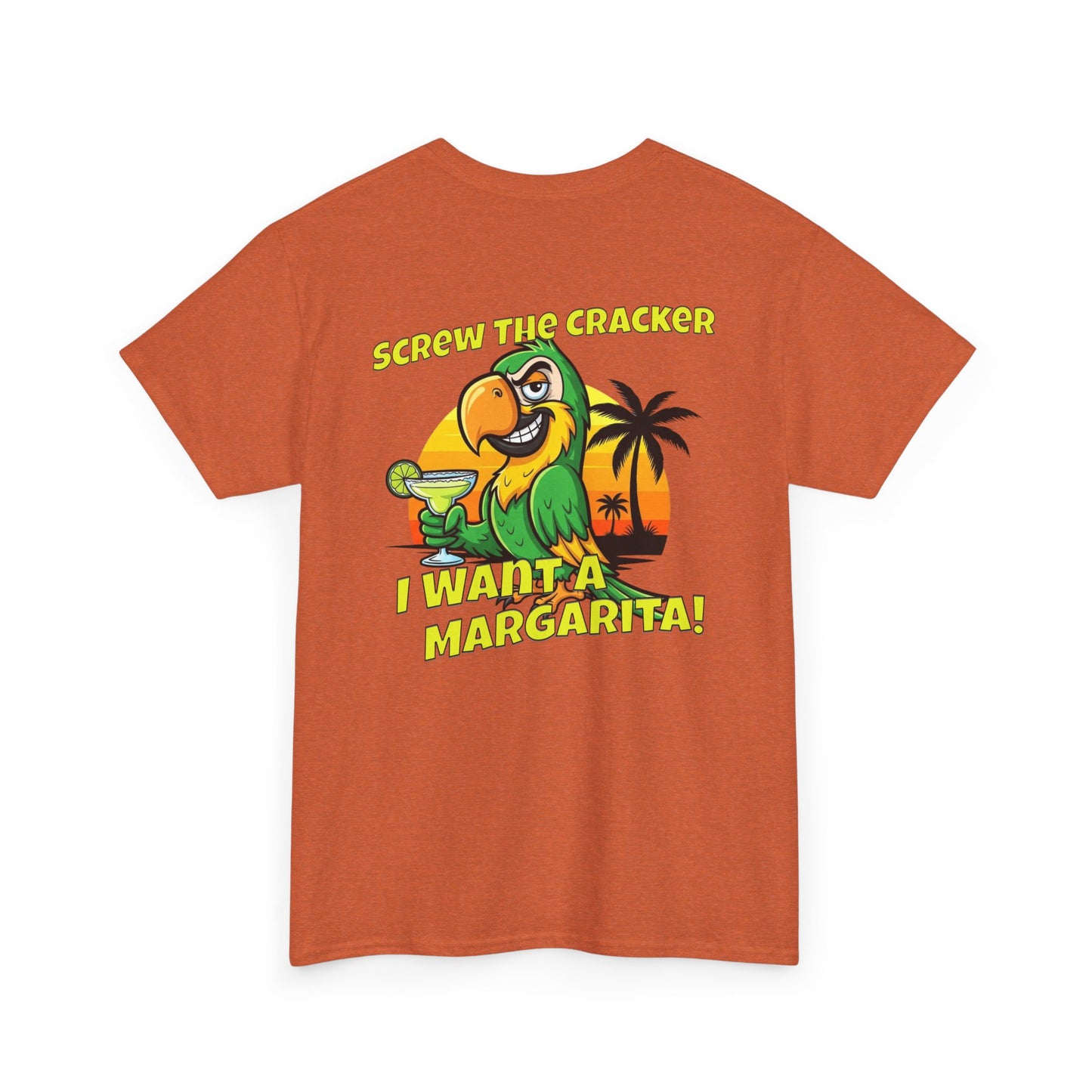 Orange t-shirt with a parrot graphic and text on the back, on a white background