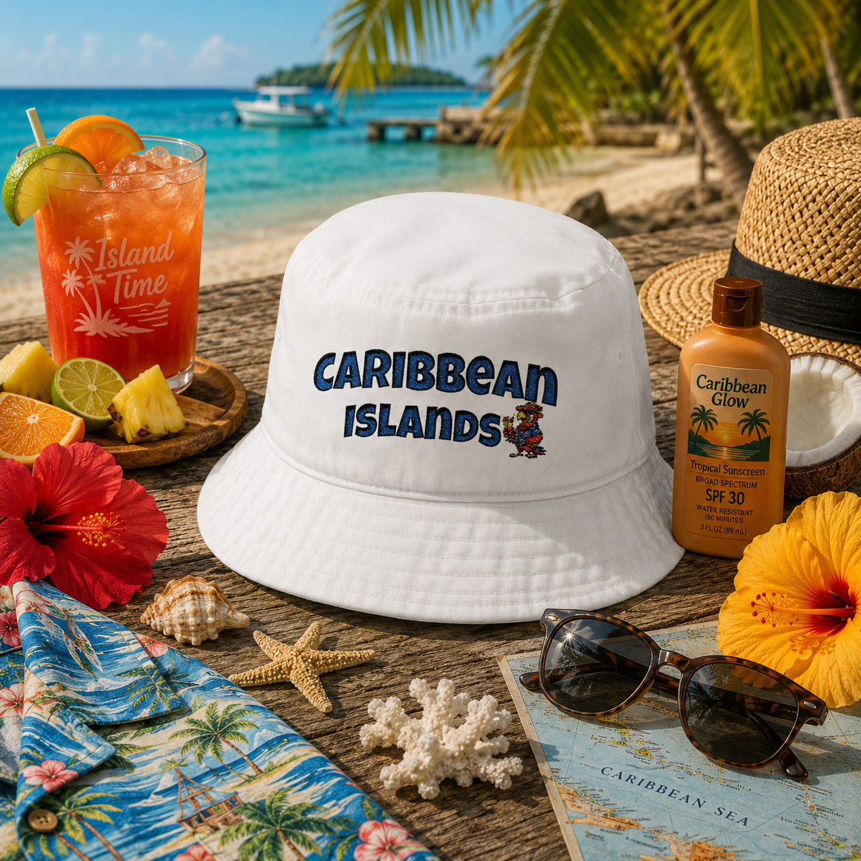 Bucket Hat — Embroidered “Caribbean Islands” Tropical Souvenir Hat