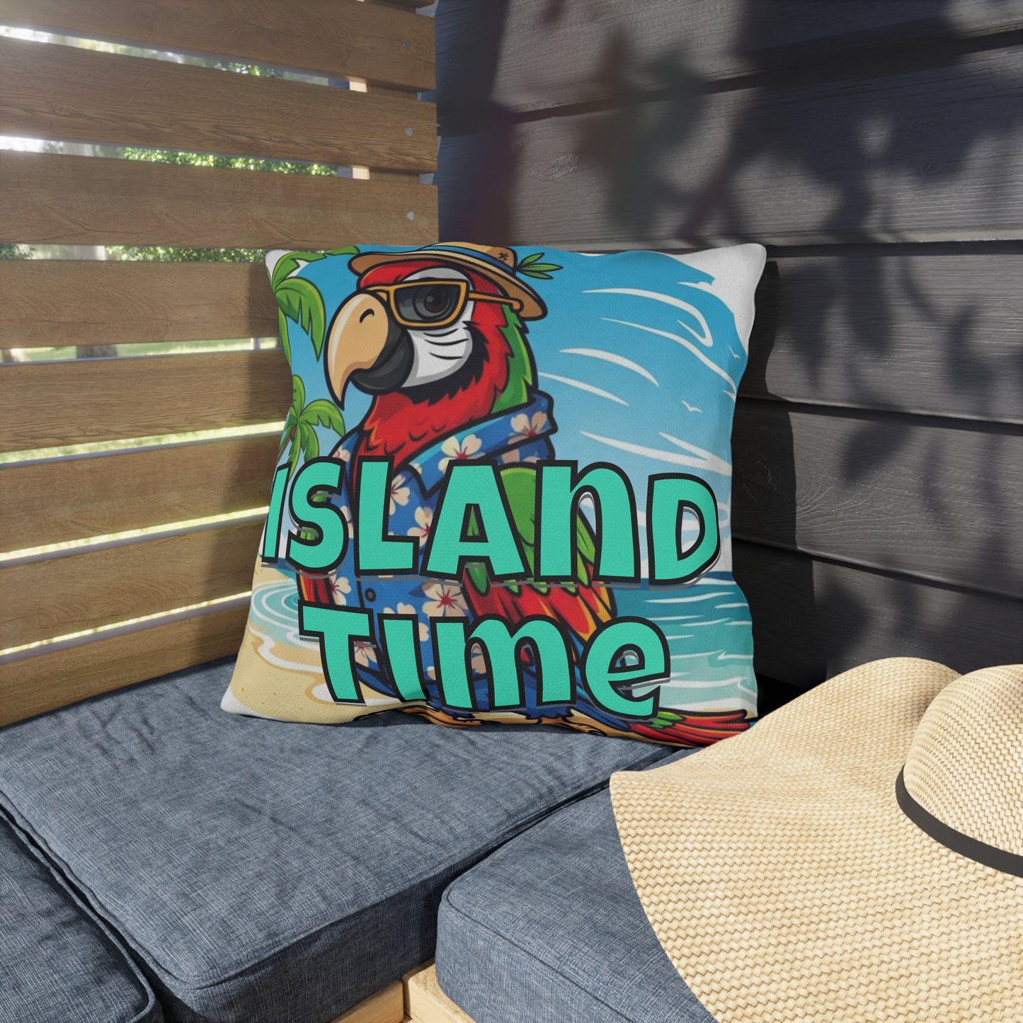 Decorative pillow with a parrot design and 'Island Time' text on a wooden bench.