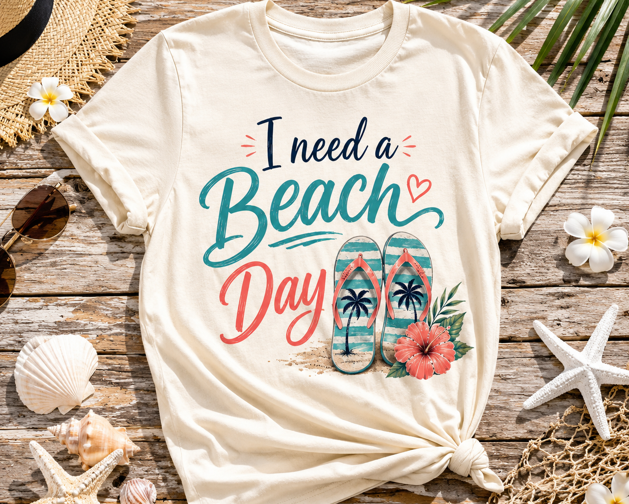 I Need a Beach Day T-Shirt – Women’s Summer Flip Flop Tropical Tee