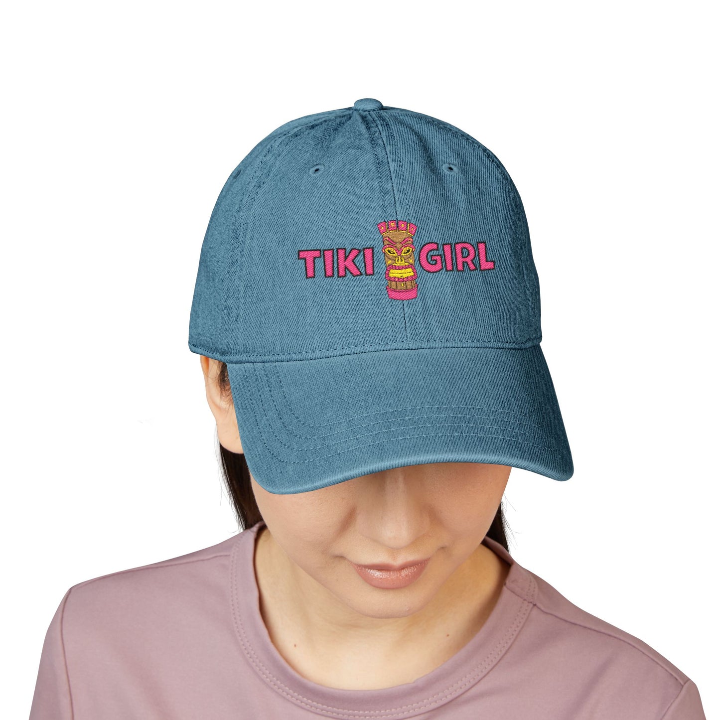 Tiki Girl Embroidered Denim Hat — Tropical Tiki Bar Baseball Cap