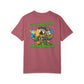 Maroon t-shirt with a parrot graphic and text on the back, on a white background