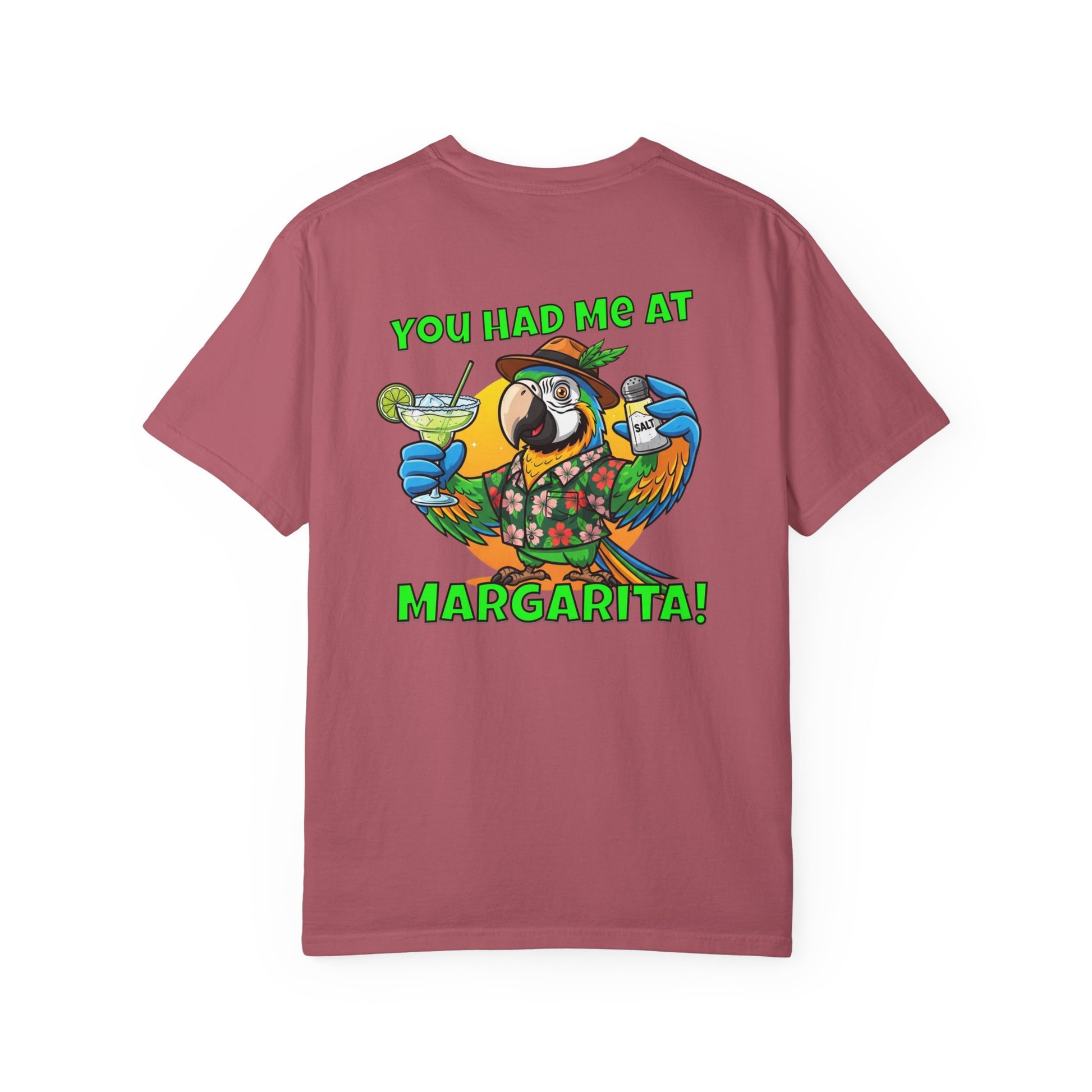 Maroon t-shirt with a parrot graphic and text on the back, on a white background