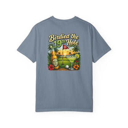Golf T-Shirt — 'Birdied the 19th Hole' Tropical Golf Beer Design