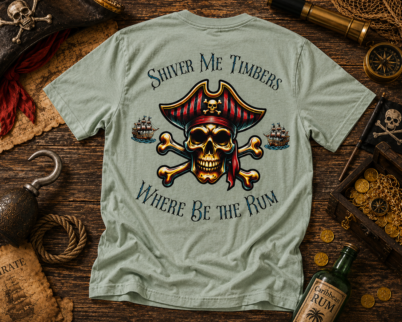 T-shirt with pirate-themed design on a wooden surface with pirate-themed items.