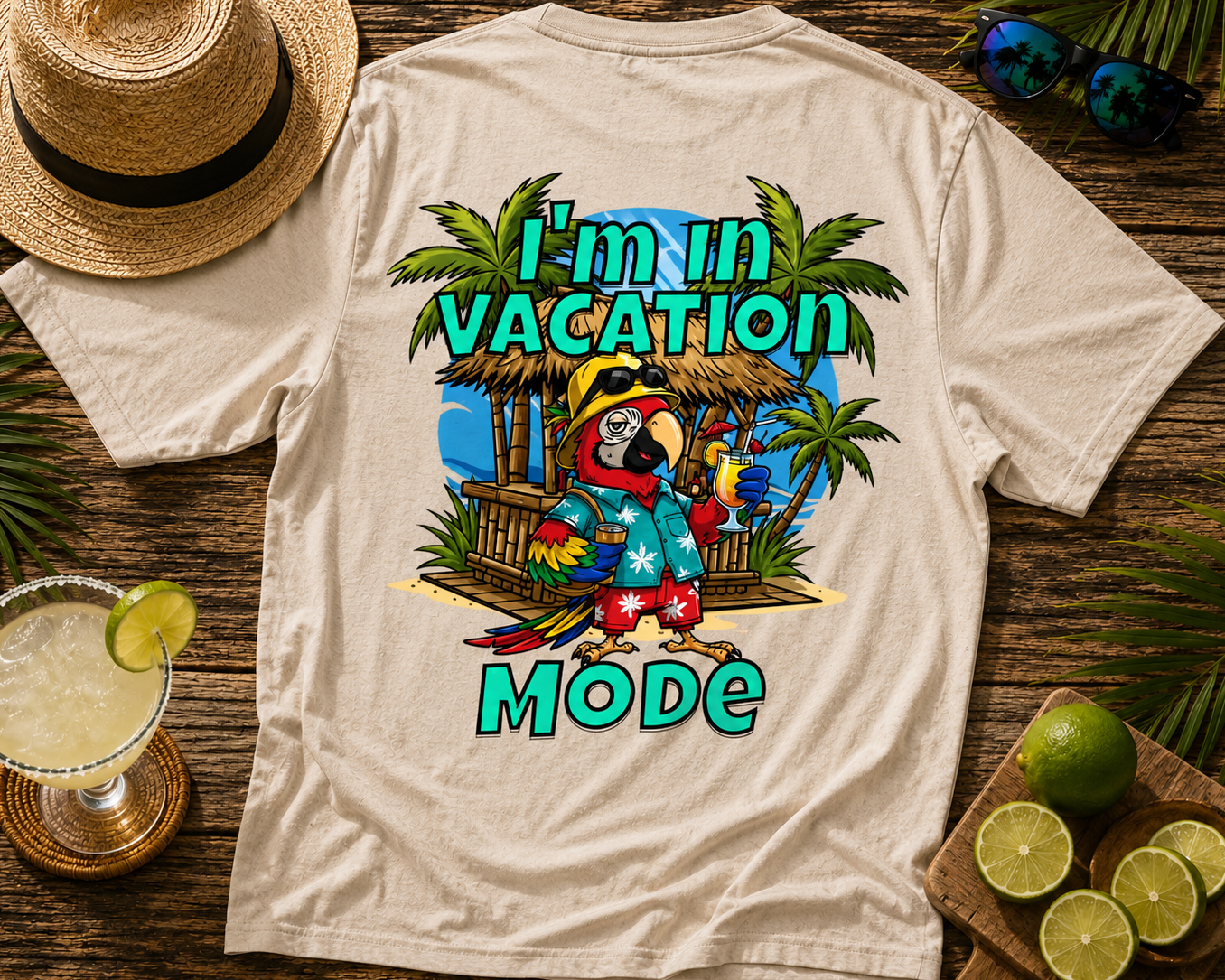 Beige t-shirt with a tropical design featuring a parrot and text on a wooden surface with a hat and lime slices.