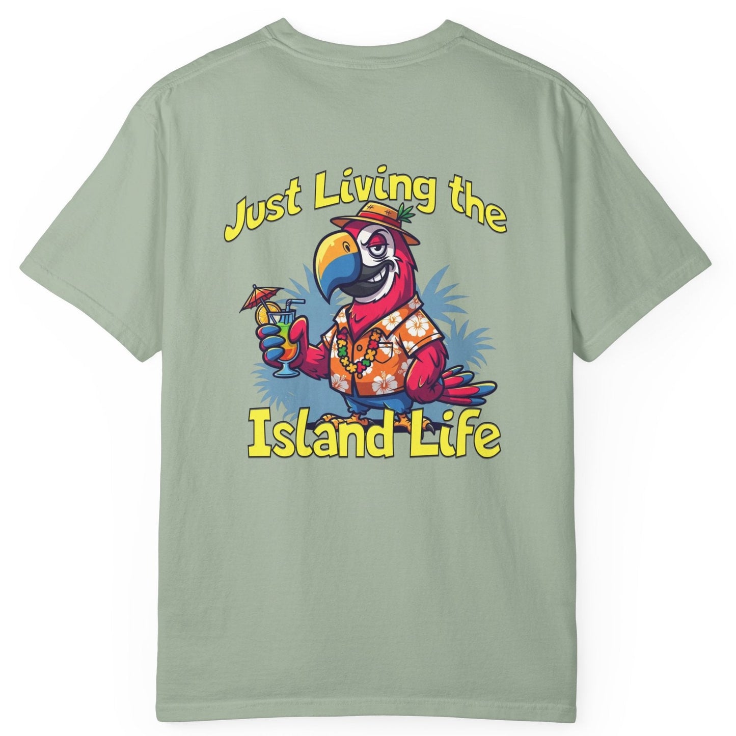 Light green t-shirt with a colorful parrot graphic and 'Just Living the Island Life' text on the back.