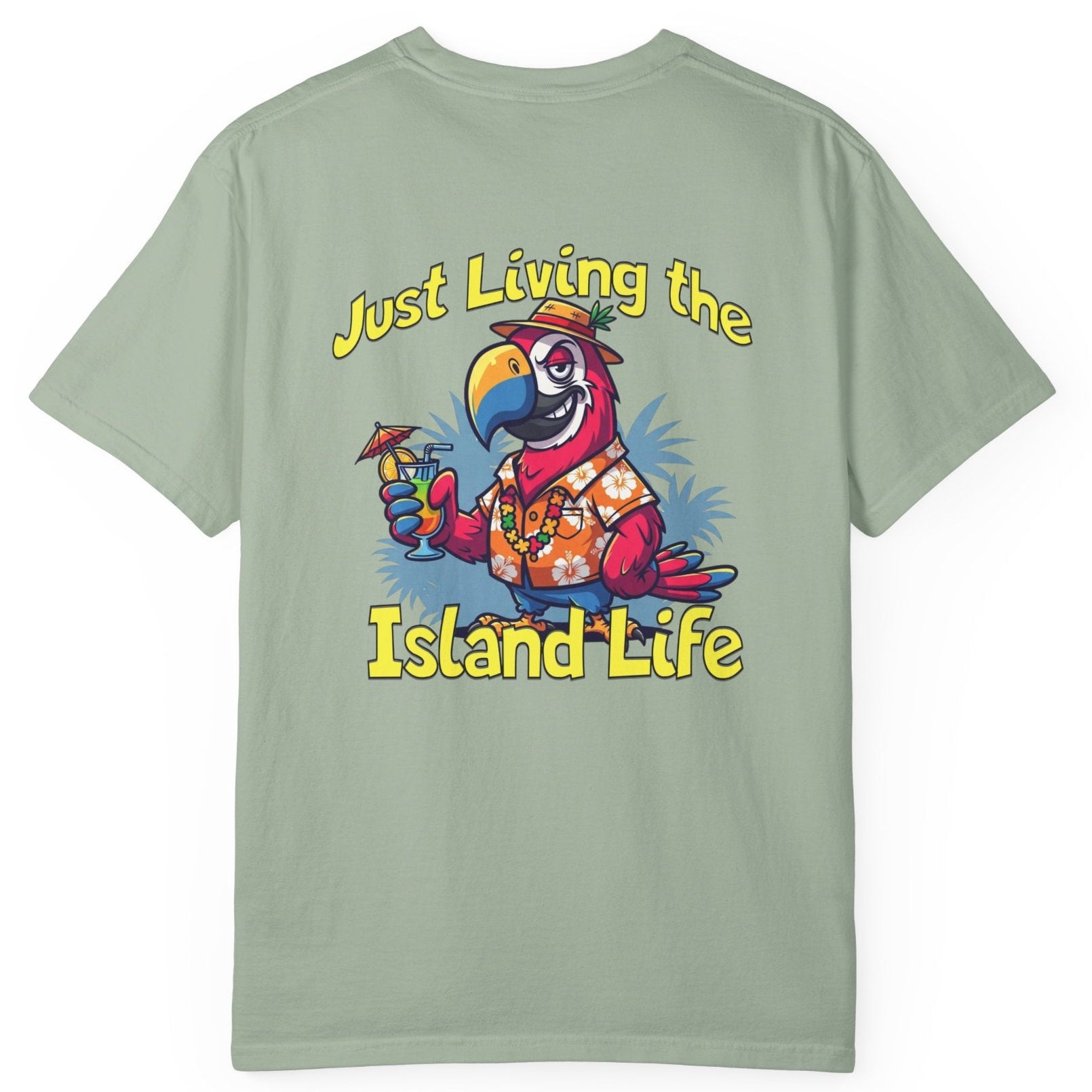 Light green t-shirt with a colorful parrot graphic and 'Just Living the Island Life' text on the back.