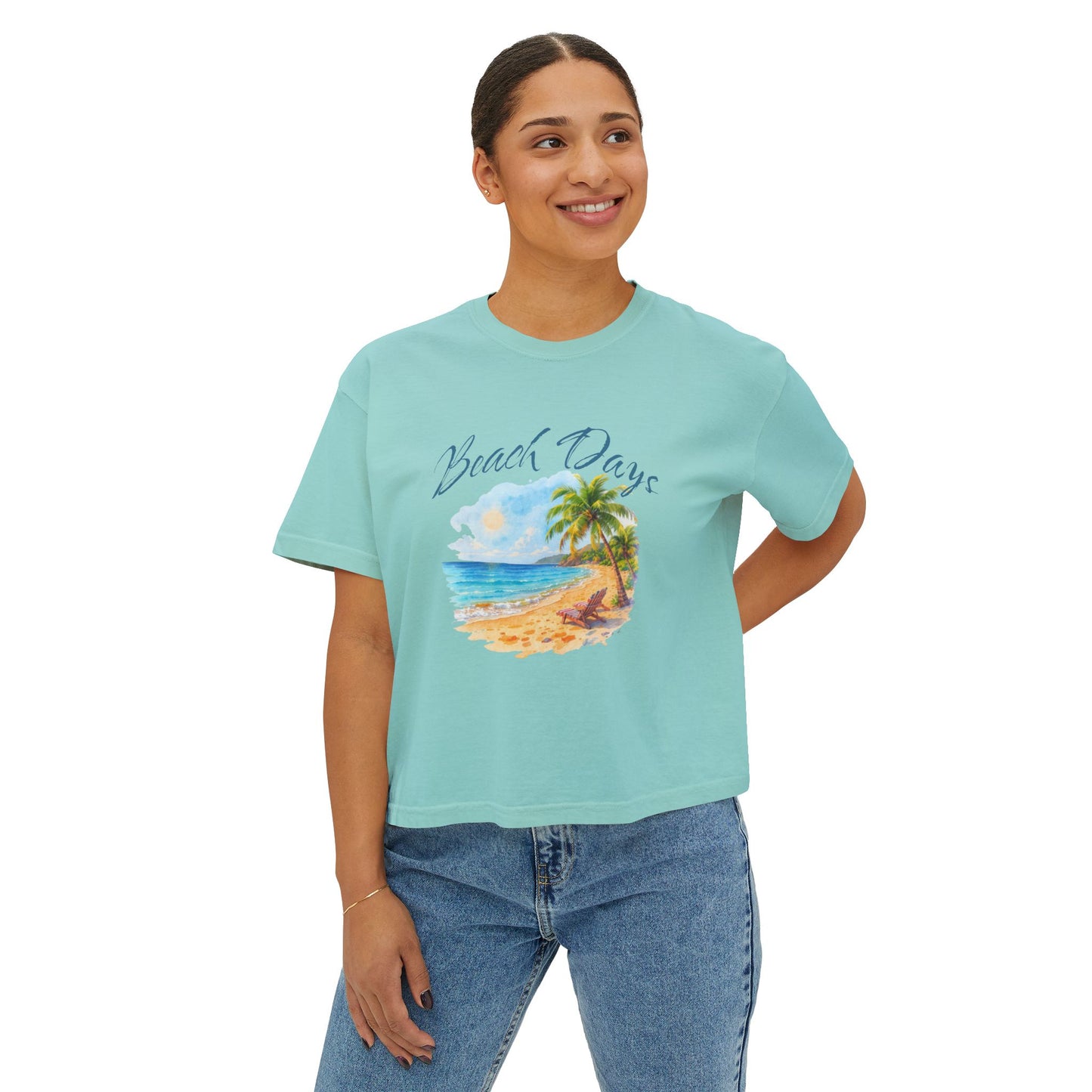 Beach Days Boxy Tee — Tropical Palm Beach Graphic for Women