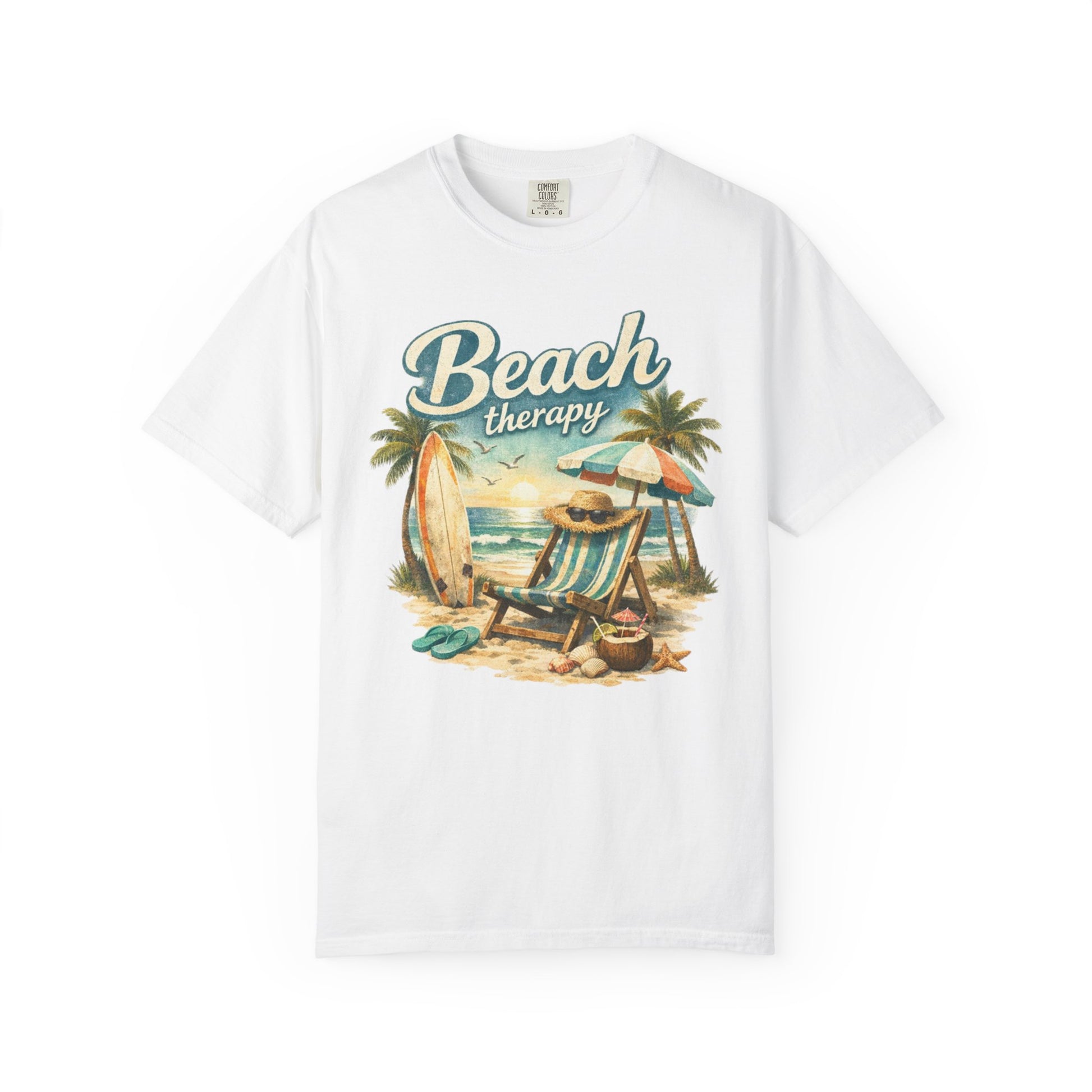 White t-shirt with 'Beach Therapy' graphic design featuring a beach scene.