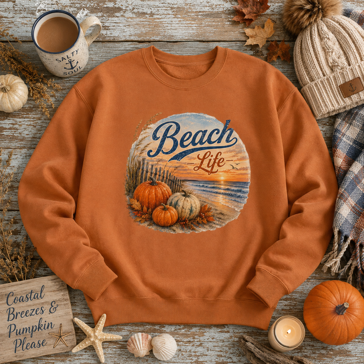 Beach Life Fall Pumpkin Lightweight Crewneck Sweatshirt