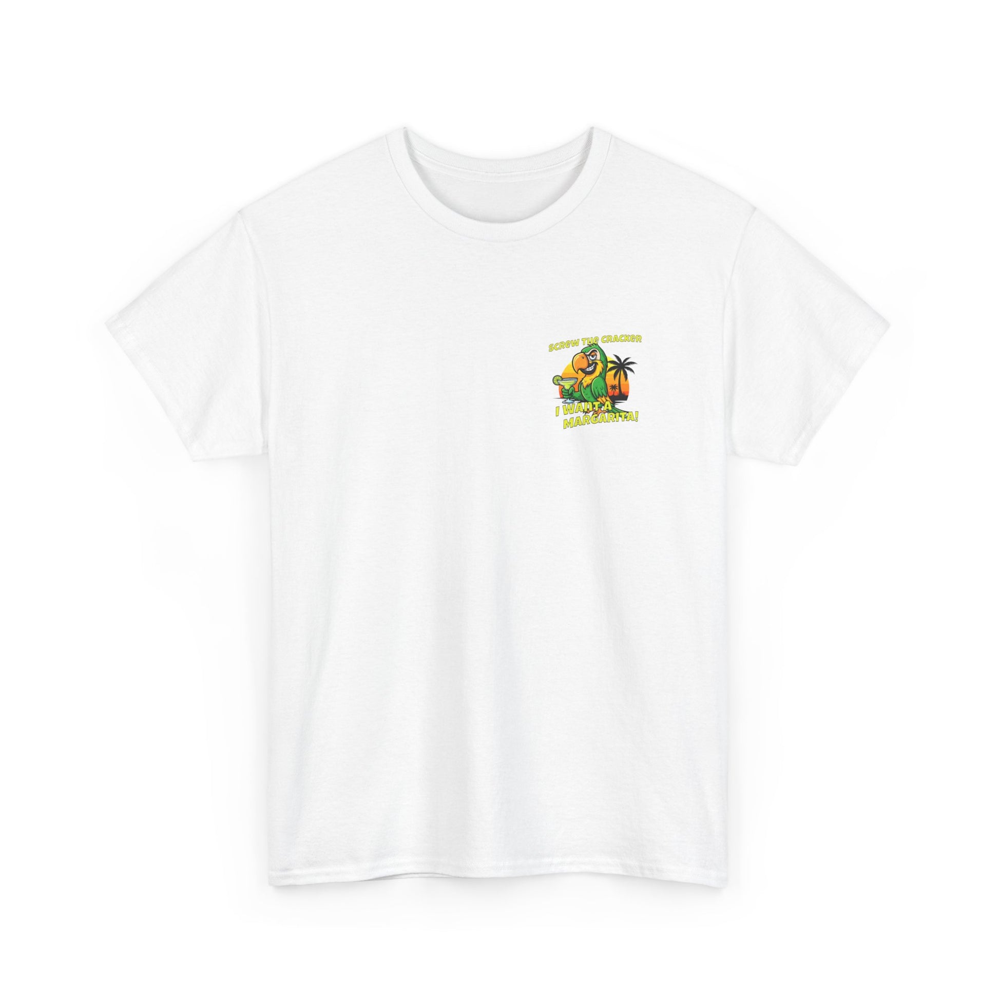 White t-shirt with a graphic design on a white background