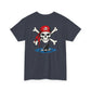 Dark gray t-shirt with a skull and crossbones design featuring a red bandana on a white background.