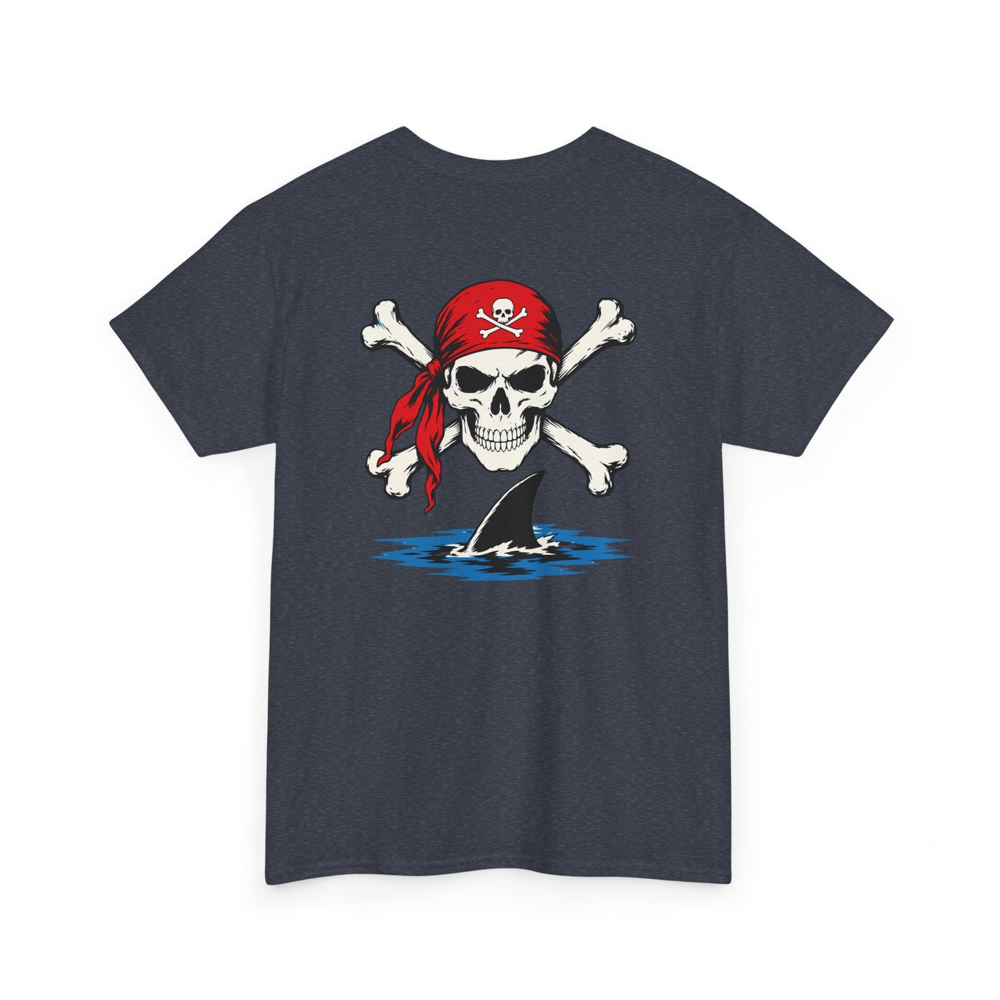 Dark gray t-shirt with a skull and crossbones design featuring a red bandana on a white background.