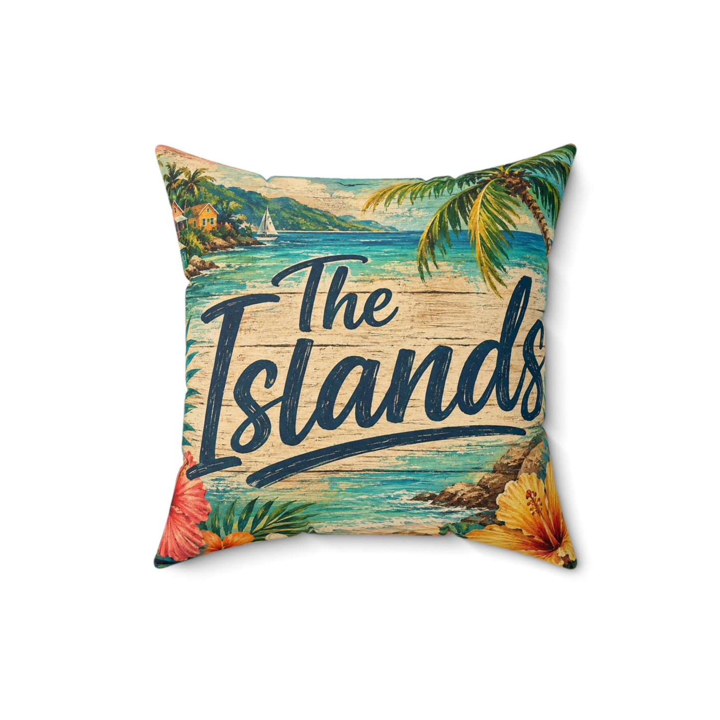 A square decorative throw pillow featuring a tropical beach scene with palm trees, turquoise water, mountains, and large script text reading 'The Islands' on a light wood-textured background.