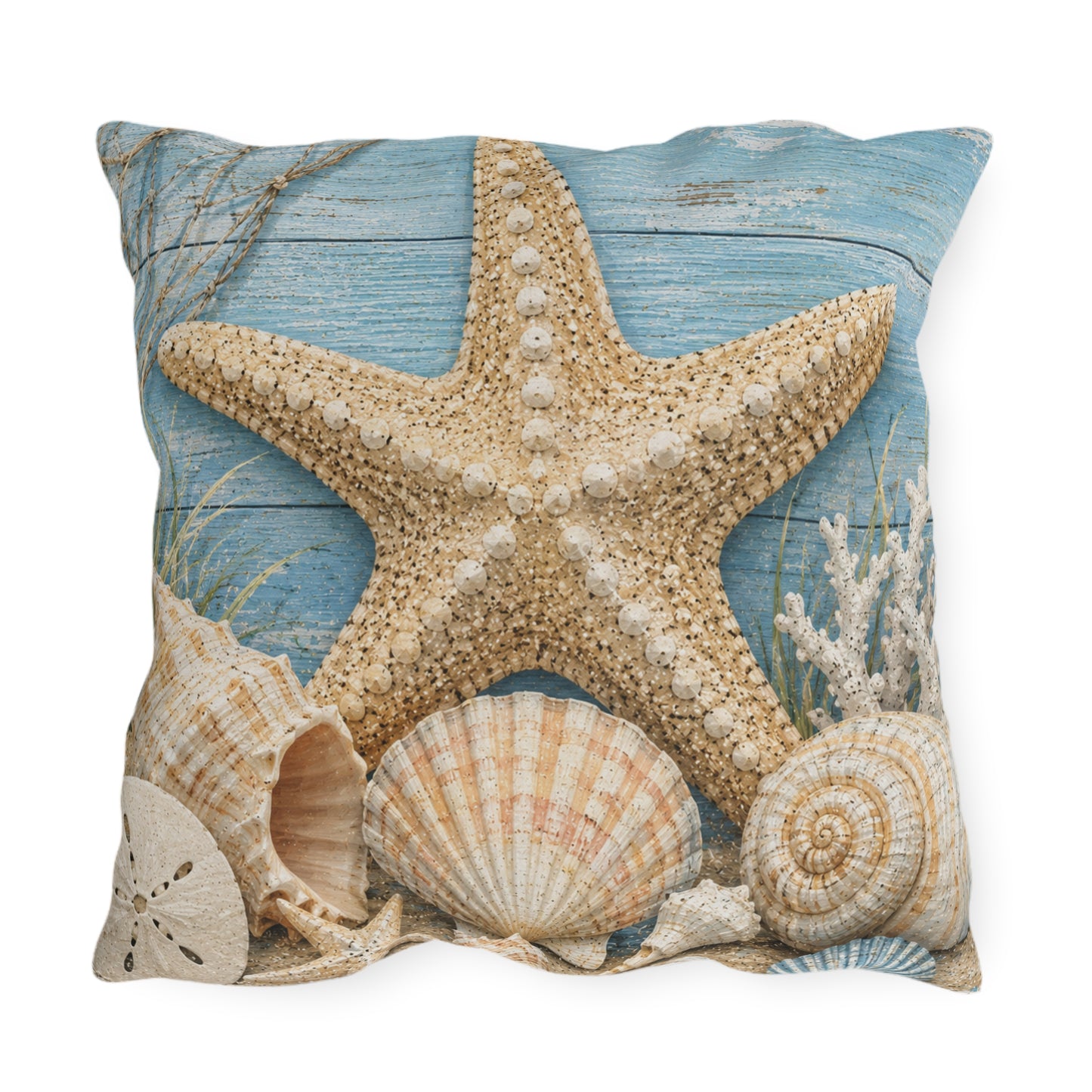 Coastal Starfish Outdoor Pillow — Beach Seashell Patio Cushion