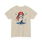 Beige t-shirt with a skull and crossbones design on a white background