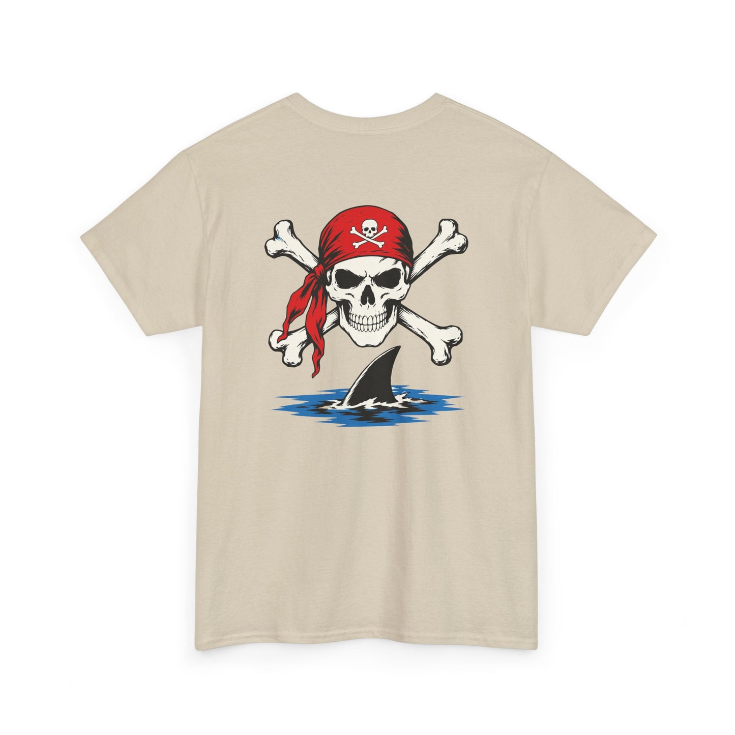 Beige t-shirt with a skull and crossbones design on a white background