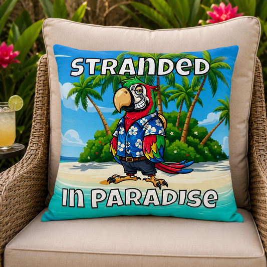 "Stranded in Paradise" Tropical Parrot Beach Outdoor Throw Pillow