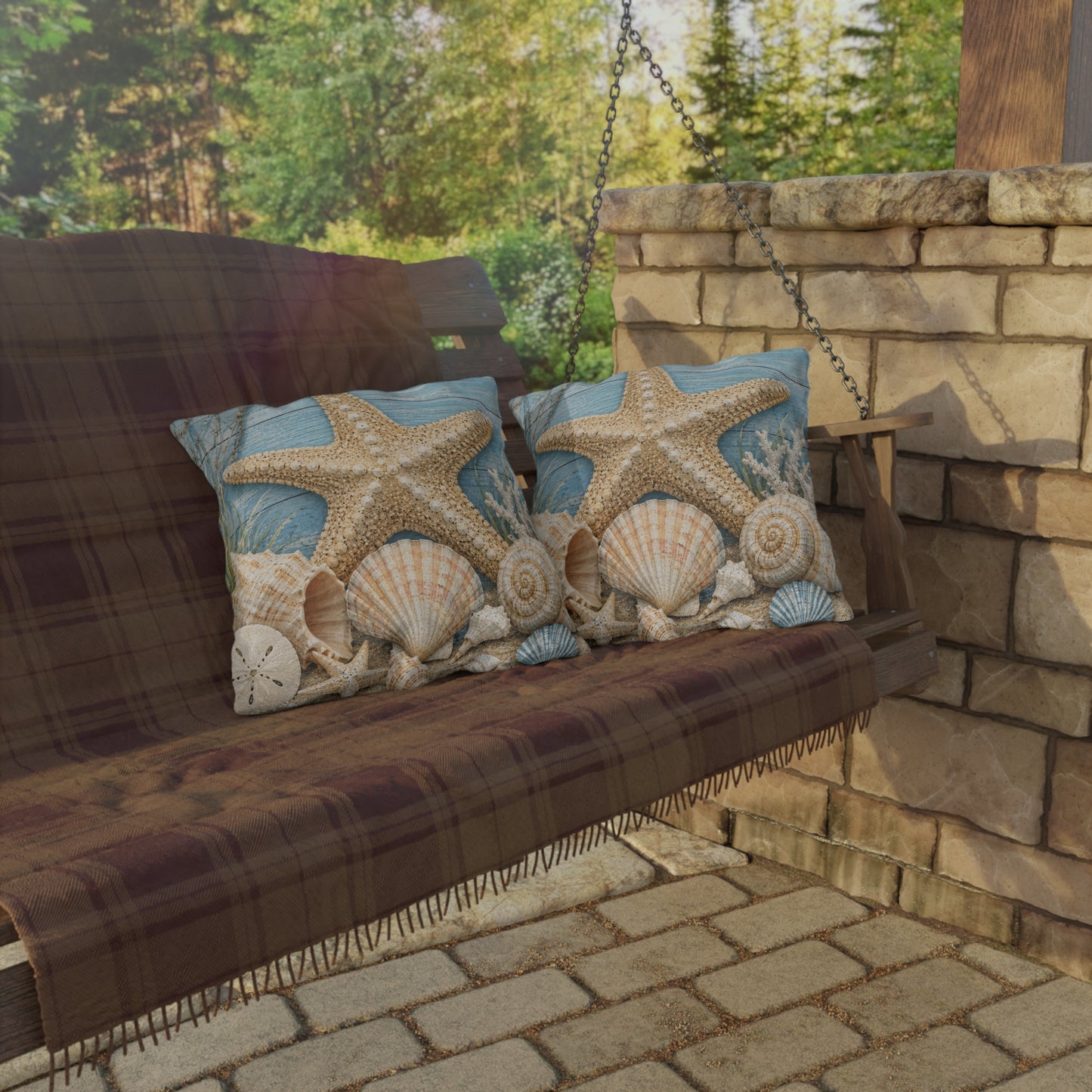 Coastal Starfish Outdoor Pillow — Beach Seashell Patio Cushion