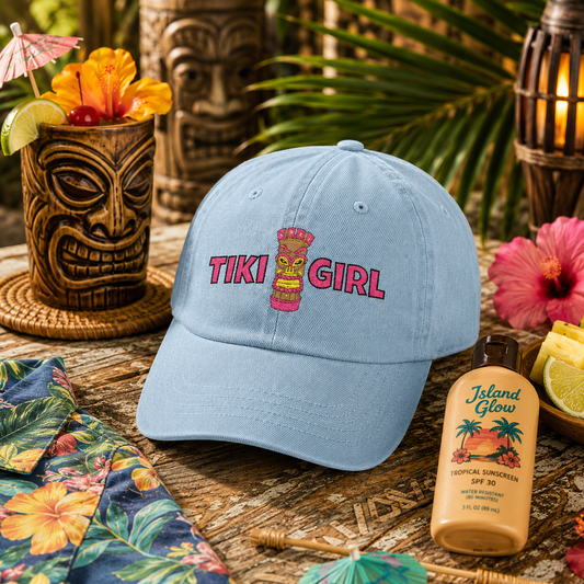 Tiki Girl Embroidered Denim Hat — Tropical Tiki Bar Baseball Cap