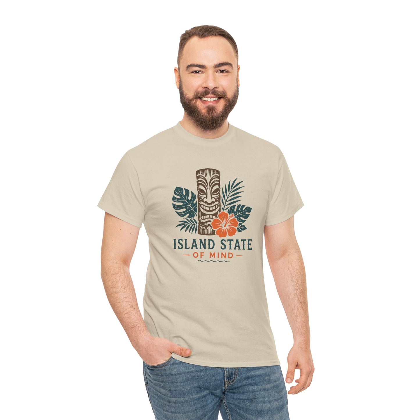 Island State of Mind T-Shirt — Tropical Tiki Tee with Hibiscus & Palm Leaves