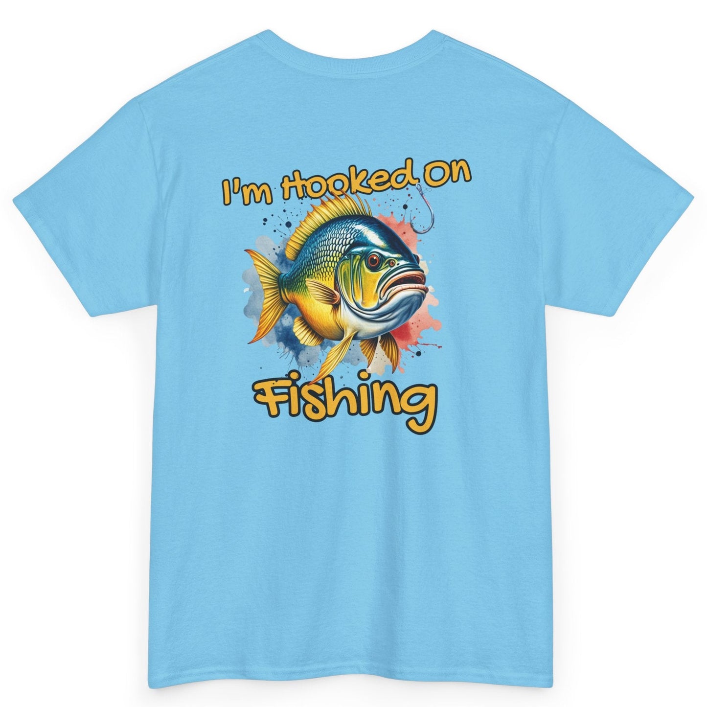 Light blue t-shirt with a fish graphic and text 'I'm Hooked On Fishing' on a white background
