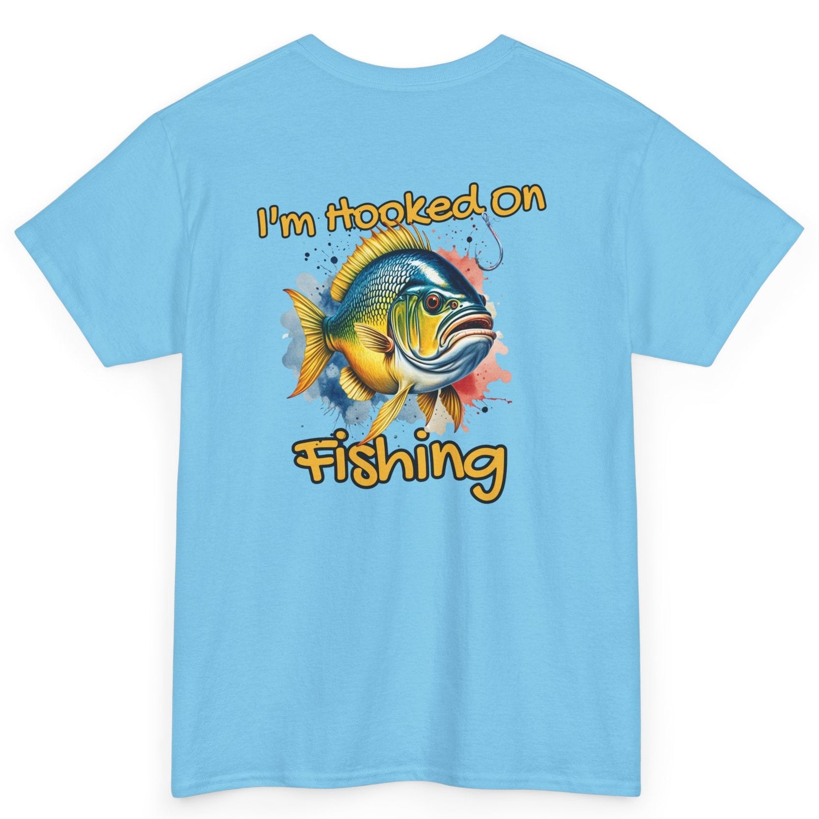 Light blue t-shirt with a fish graphic and text 'I'm Hooked On Fishing' on a white background